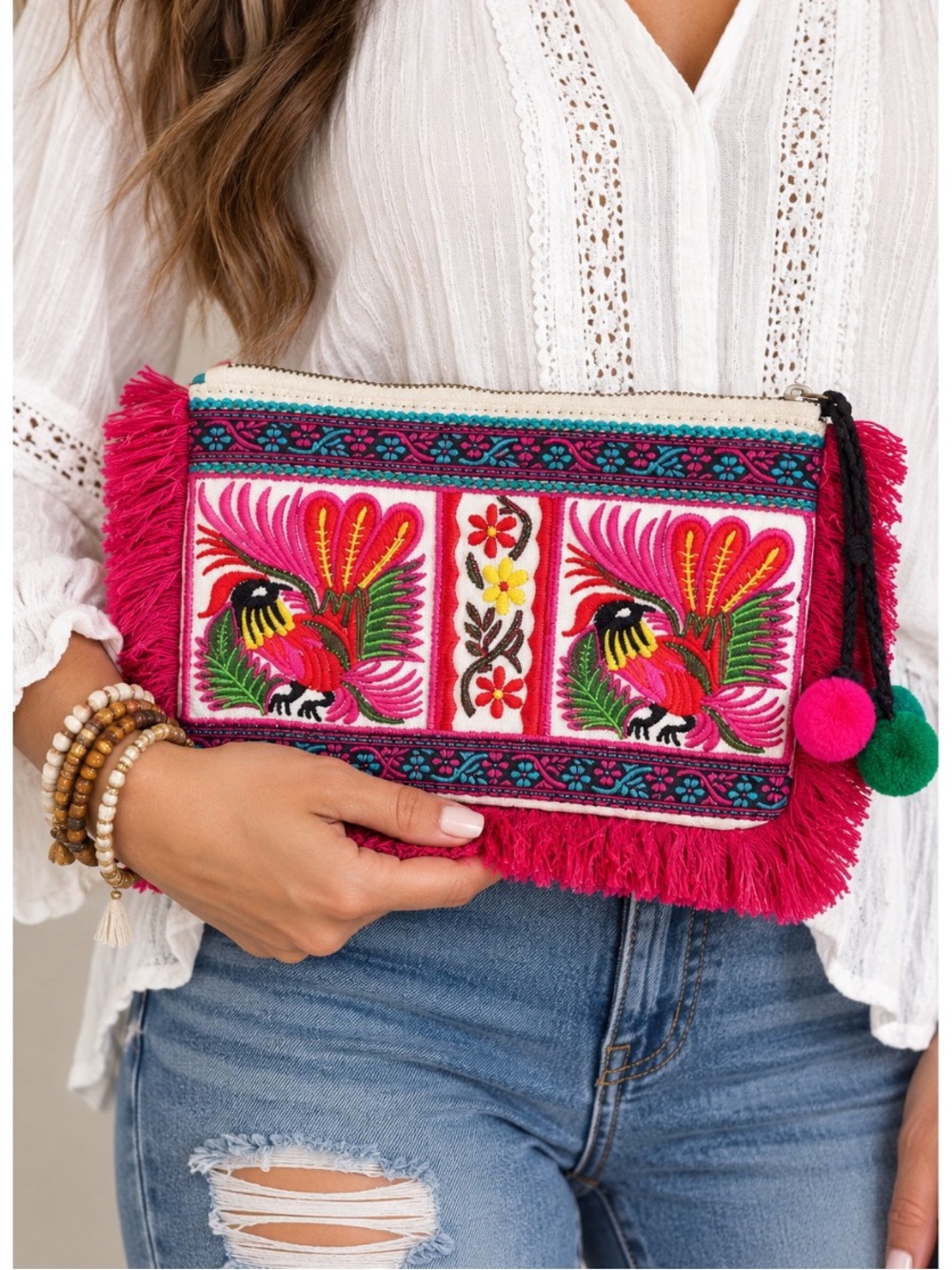 Limited Edition Embroidered Bird & Floral Boho Clutch